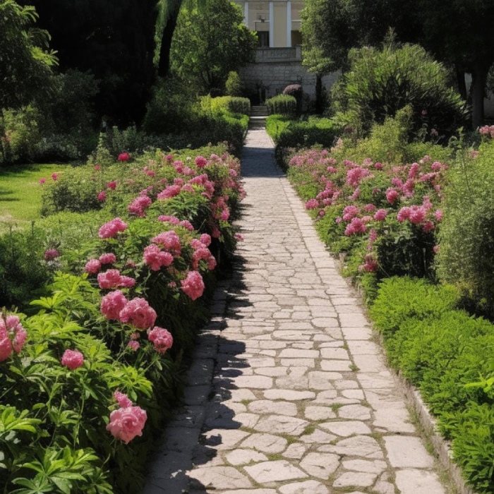 Allée en pierre au jardin, bordée de massifs de fleurs roses et de haies taillées, pour un aménagement paysager soigné